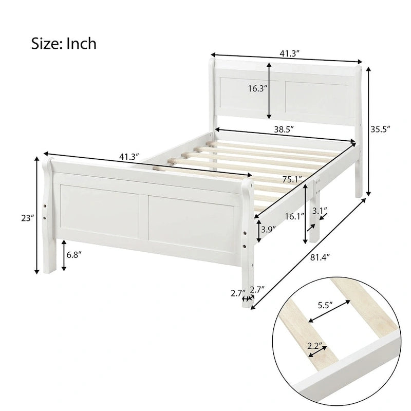 Wood Twin Sleigh Bed with Headboard and Footboard