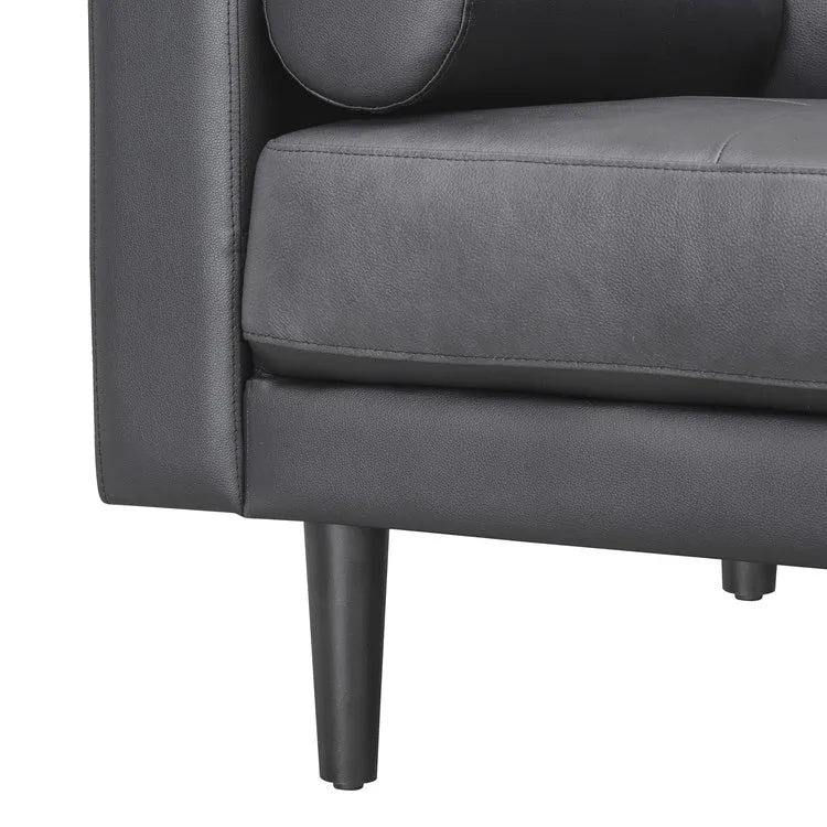 Modern Genuine Leather Sofa with Wooden Legs & Additional Bolster Pillow