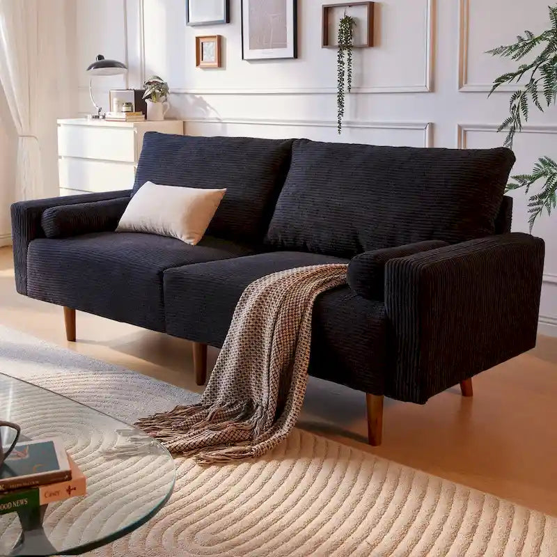 HOOOWOOO Mid-Century Modern Upholstered Sofa Couch with Rolled Pillows
