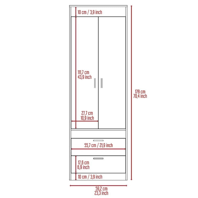 TUHOME Lisboa Armoire with Double Doors, 2 Drawers, and Hanging Rod