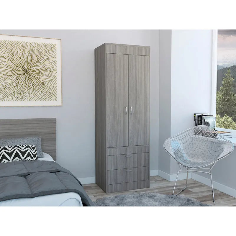 TUHOME Lisboa Armoire with Double Doors, 2 Drawers, and Hanging Rod