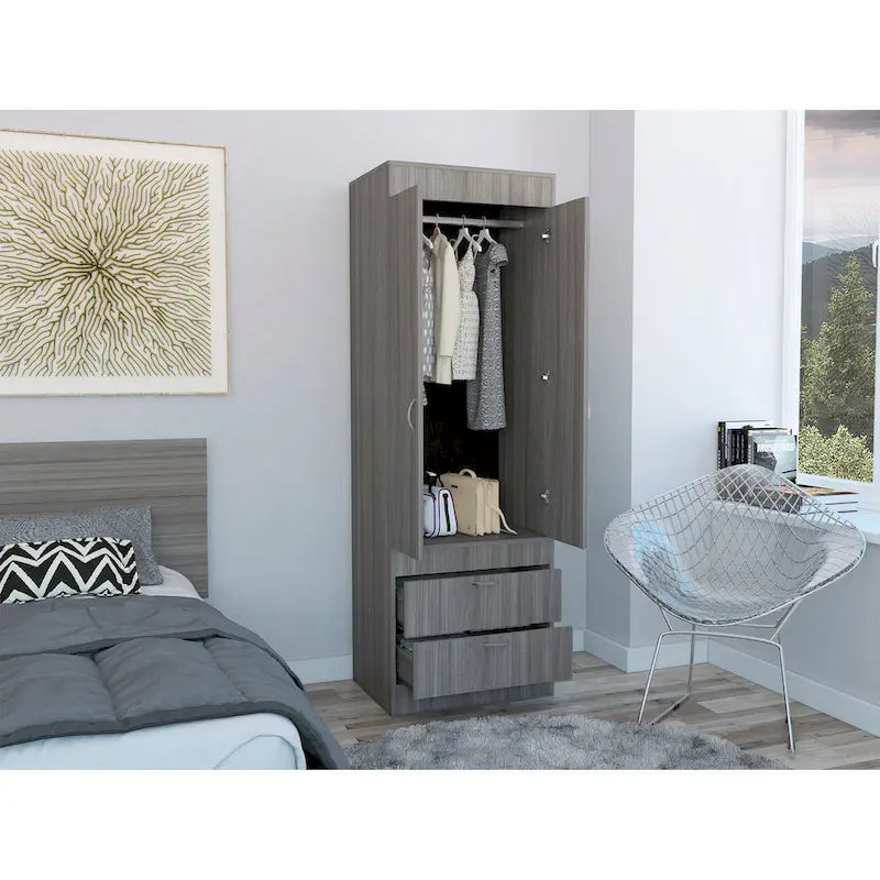 TUHOME Lisboa Armoire with Double Doors, 2 Drawers, and Hanging Rod