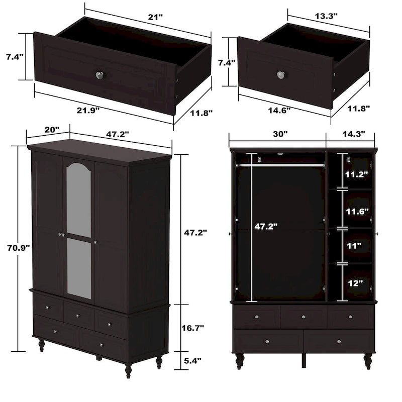 47.2 Lacquered Armoires Wardrobes With Mirror Door 5 Drawer in White