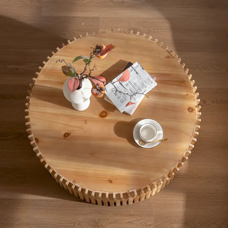 Retro Fashion Style Cylindrical Coffee Table with Vertical Texture Relief Design