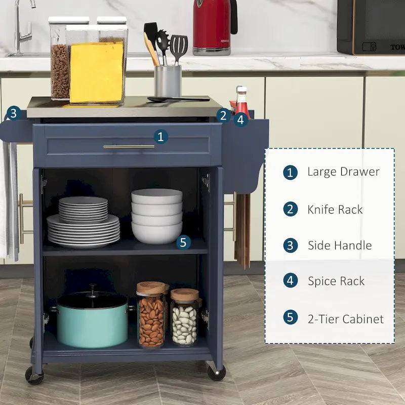 HOMCOM Kitchen Island on Wheels, Rolling Kitchen Cart with Stainless Steel Countertop, Drawer, Gray