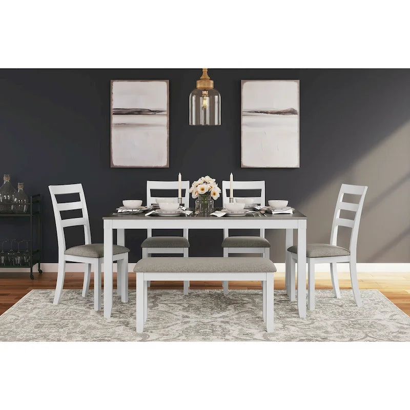  Stonehollow White and Gray Dining Table and Chairs with Bench (Set of 6)