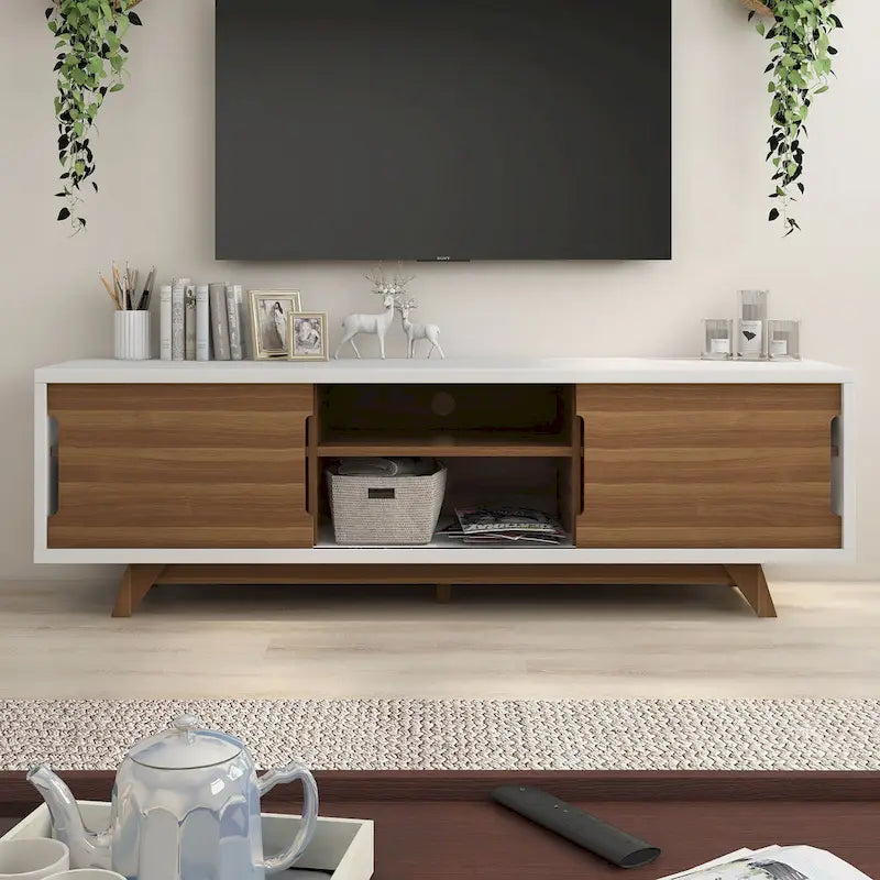 DH BASIC Mid-Century Modern White and Walnut 62-inch Wide 6-Shelf TV Stand by Denhour