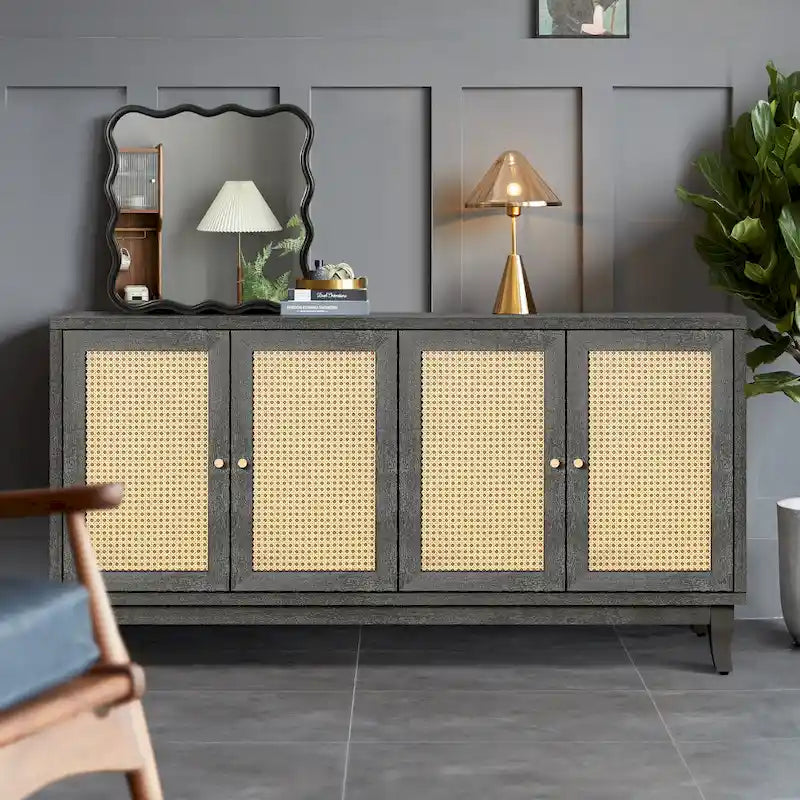 Modern Accent Storage Cabinet Sideboard Wooden Cabinet Console Table with 4 Doors and Adjustable Shelves