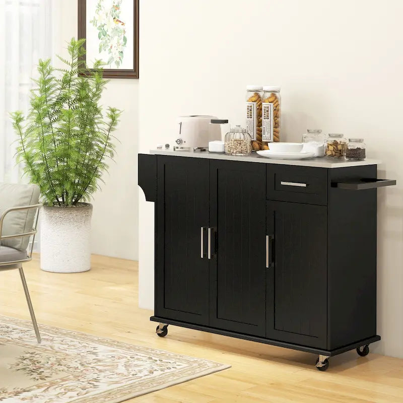 HOMCOM Kitchen Island with Storage, Rolling Kitchen Island on Wheels with Drawer, 3 Cabinets, Stainless Steel Countertop