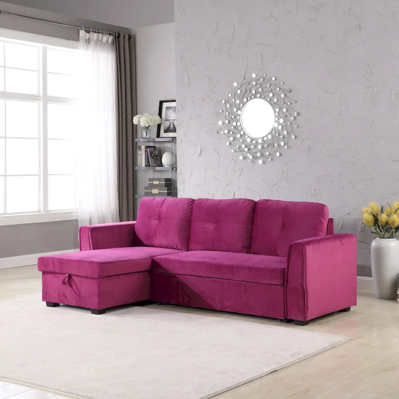 91 Wide Velvet Storage Sectional Reversible Sleeper Sofa & Chaise