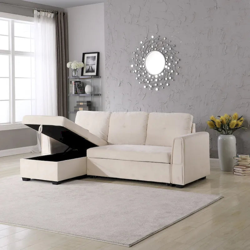 91 Wide Velvet Storage Sectional Reversible Sleeper Sofa & Chaise