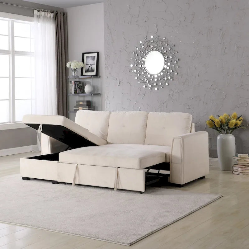91 Wide Velvet Storage Sectional Reversible Sleeper Sofa & Chaise