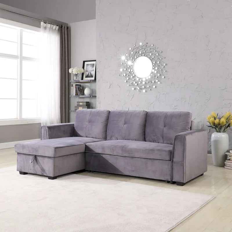 91 Wide Velvet Storage Sectional Reversible Sleeper Sofa & Chaise