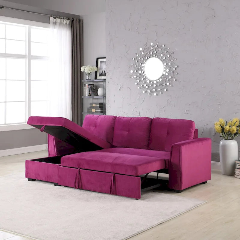 91 Wide Velvet Storage Sectional Reversible Sleeper Sofa & Chaise
