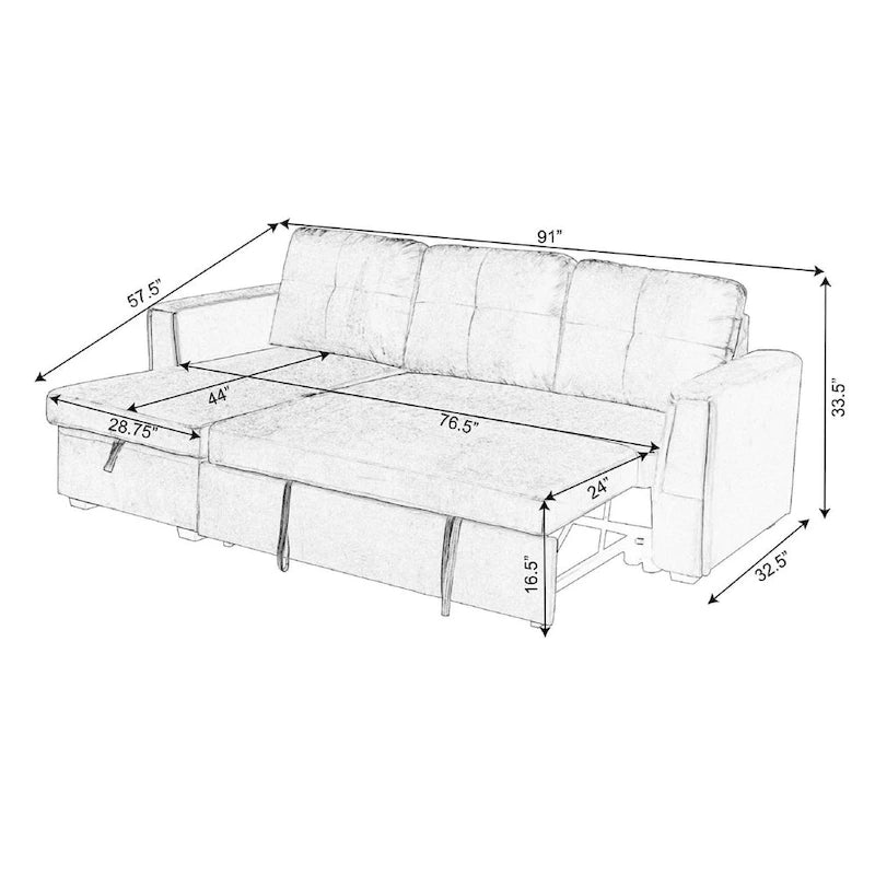 91 Wide Velvet Storage Sectional Reversible Sleeper Sofa & Chaise