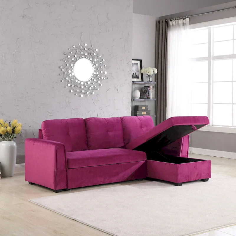 91 Wide Velvet Storage Sectional Reversible Sleeper Sofa & Chaise