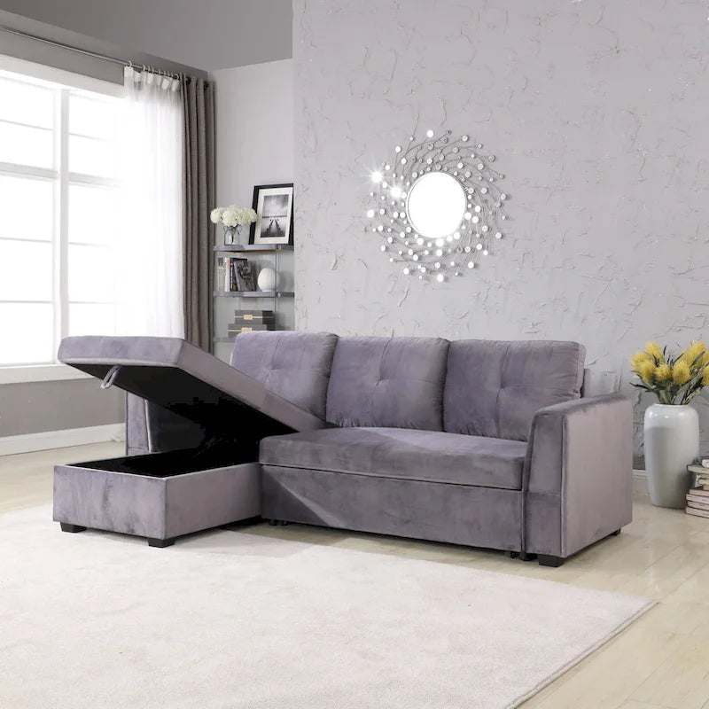 91 Wide Velvet Storage Sectional Reversible Sleeper Sofa & Chaise