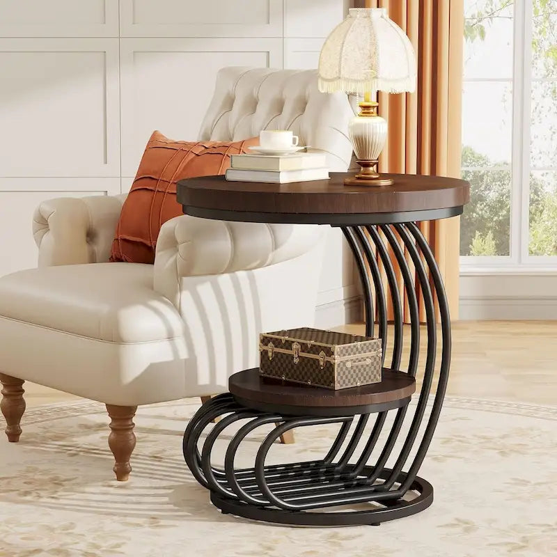 Round End Table, 2 Tiers Side Table for Living Room Bedroom