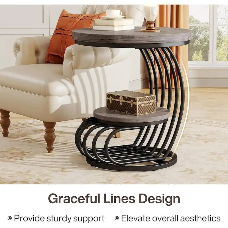Round End Table, 2 Tiers Side Table for Living Room Bedroom