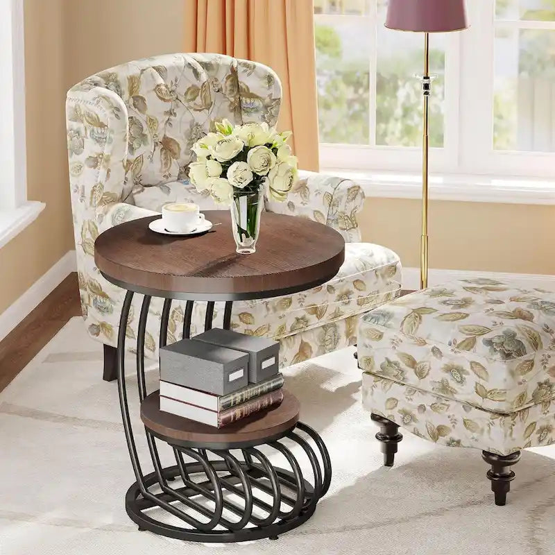 Round End Table, 2 Tiers Side Table for Living Room Bedroom