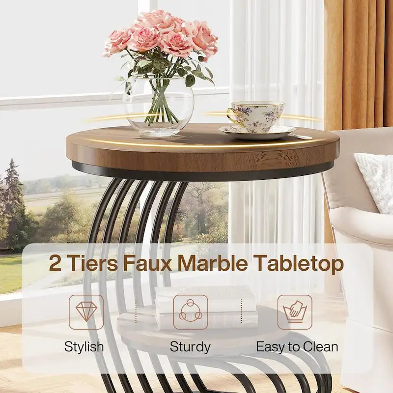 Round End Table, 2 Tiers Side Table for Living Room Bedroom