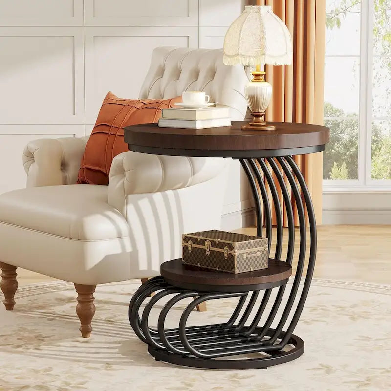 Round End Table, 2 Tiers Side Table for Living Room Bedroom