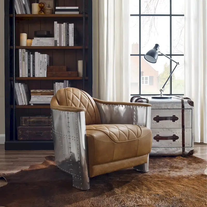 Art Leon IndustrIal Retro Top Grain Leather & Aluminum Accent Chair