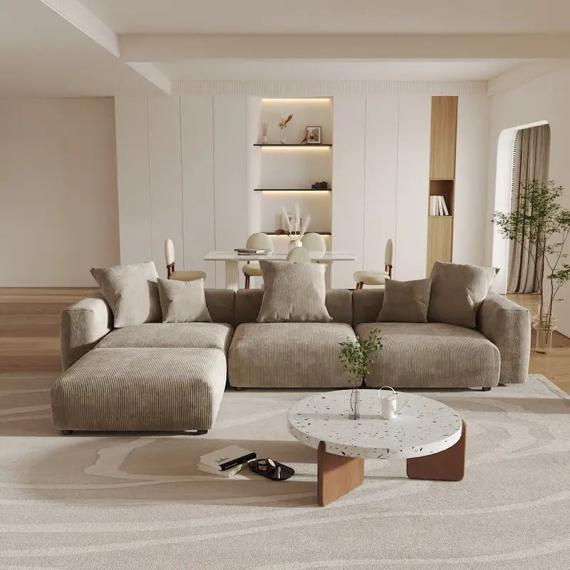 141.73  Corduroy Large Reversible Modular Sectional Sofa L-Shape Couch with Otoman and Pillow
