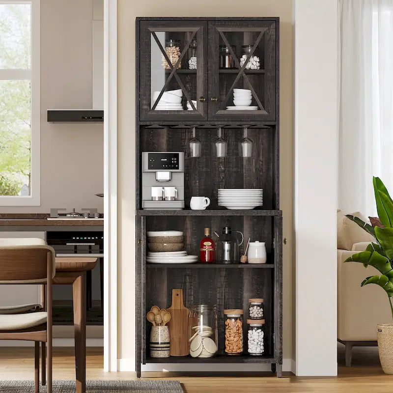 Farmhouse Bar Cabinet for Liquor and Glasses for Dining Room Kitchen Cabinet with Wine Rack