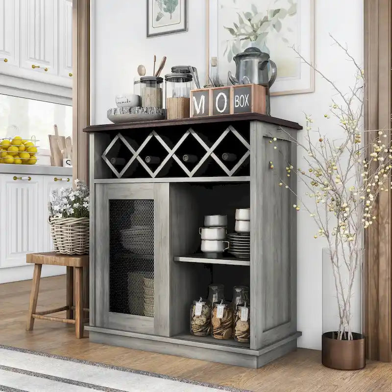 DH BASIC Farmhouse Four Shelf and Four Bottle Lattice-like Wine Buffet by