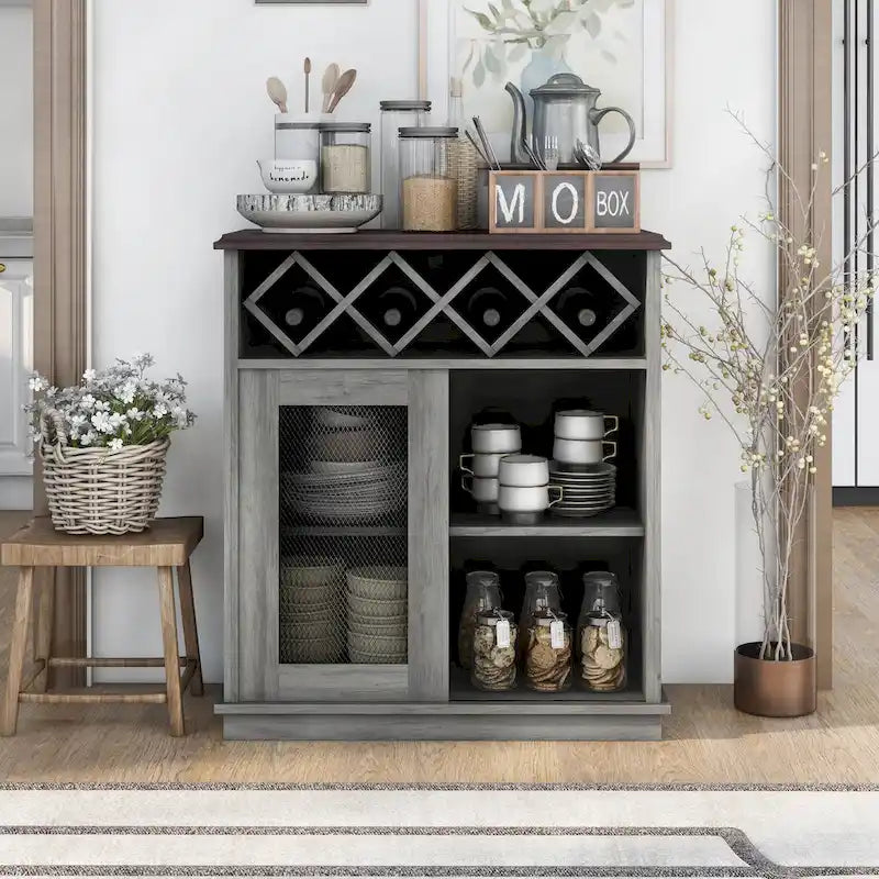 DH BASIC Farmhouse Four Shelf and Four Bottle Lattice-like Wine Buffet by