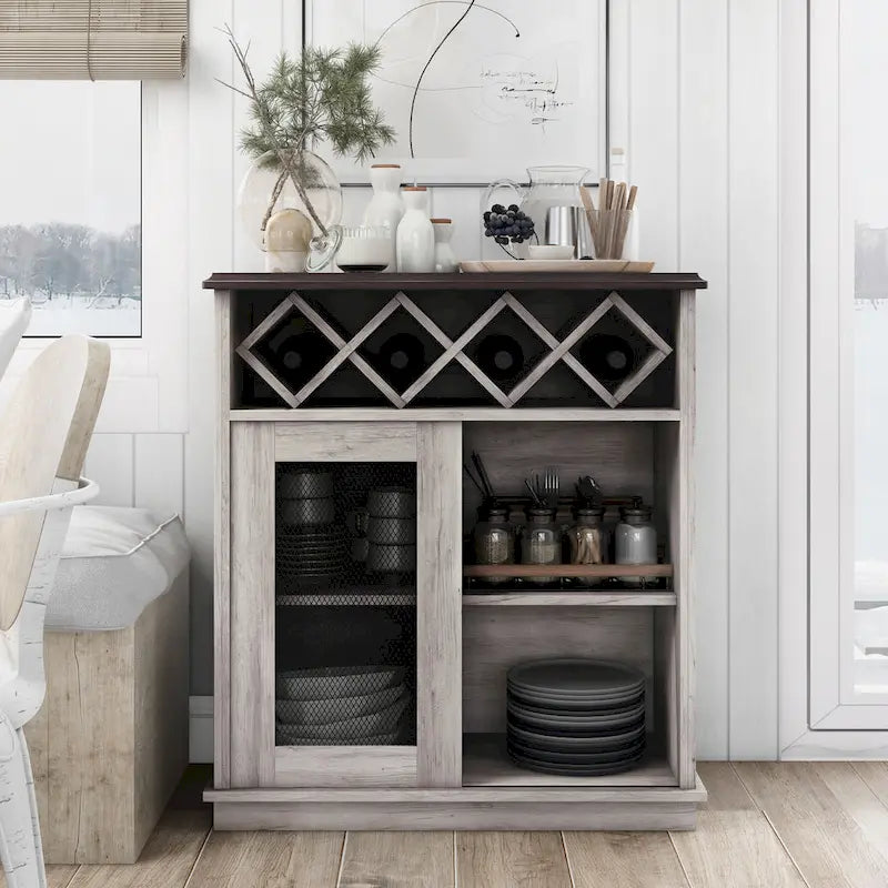 DH BASIC Farmhouse Four Shelf and Four Bottle Lattice-like Wine Buffet by