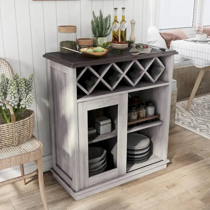 DH BASIC Farmhouse Four Shelf and Four Bottle Lattice-like Wine Buffet by