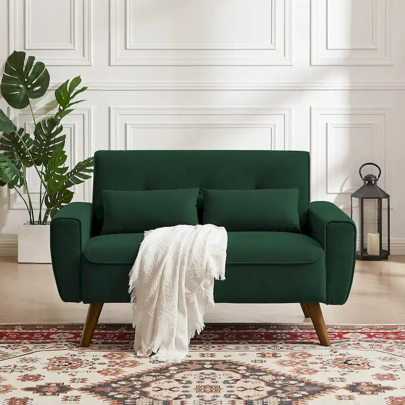 48.82 Small Tufted Loveseat Sofa with 2 Pillows and Tapered Wood Legs