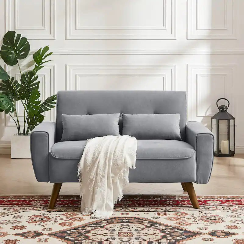 48.82 Small Tufted Loveseat Sofa with 2 Pillows and Tapered Wood Legs