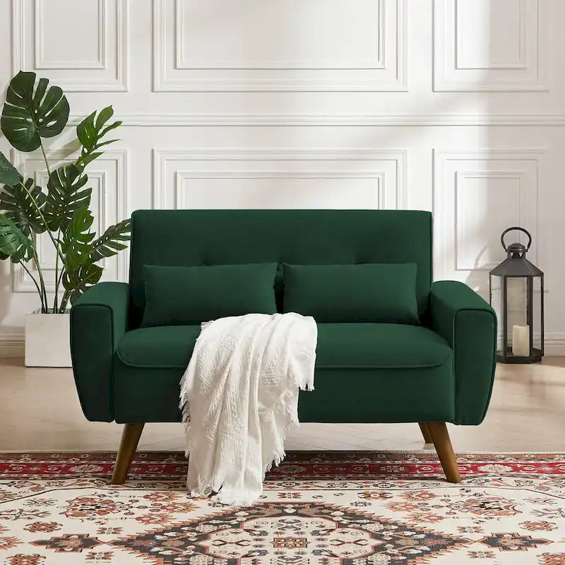48.82 Small Tufted Loveseat Sofa with 2 Pillows and Tapered Wood Legs