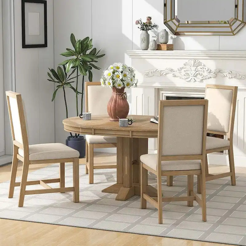 Farmhouse Retractable Round Table with 4 Upholstered Chairs