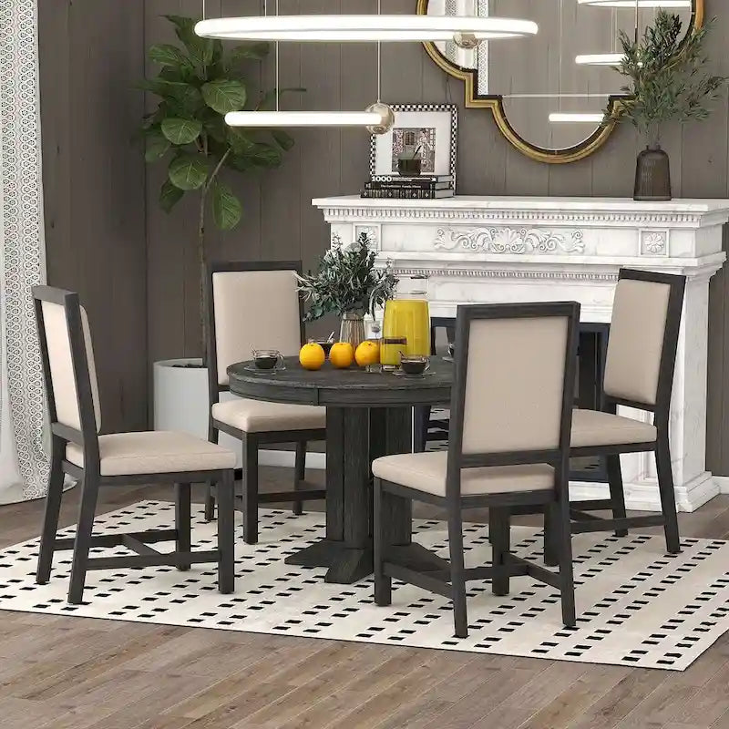 Farmhouse Retractable Round Table with 4 Upholstered Chairs