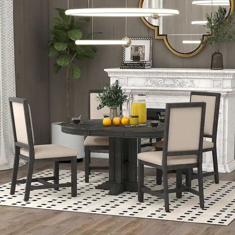 Farmhouse Retractable Round Table with 4 Upholstered Chairs
