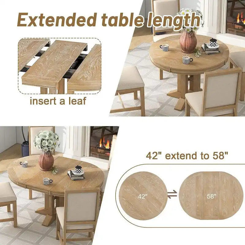 Farmhouse Retractable Round Table with 4 Upholstered Chairs