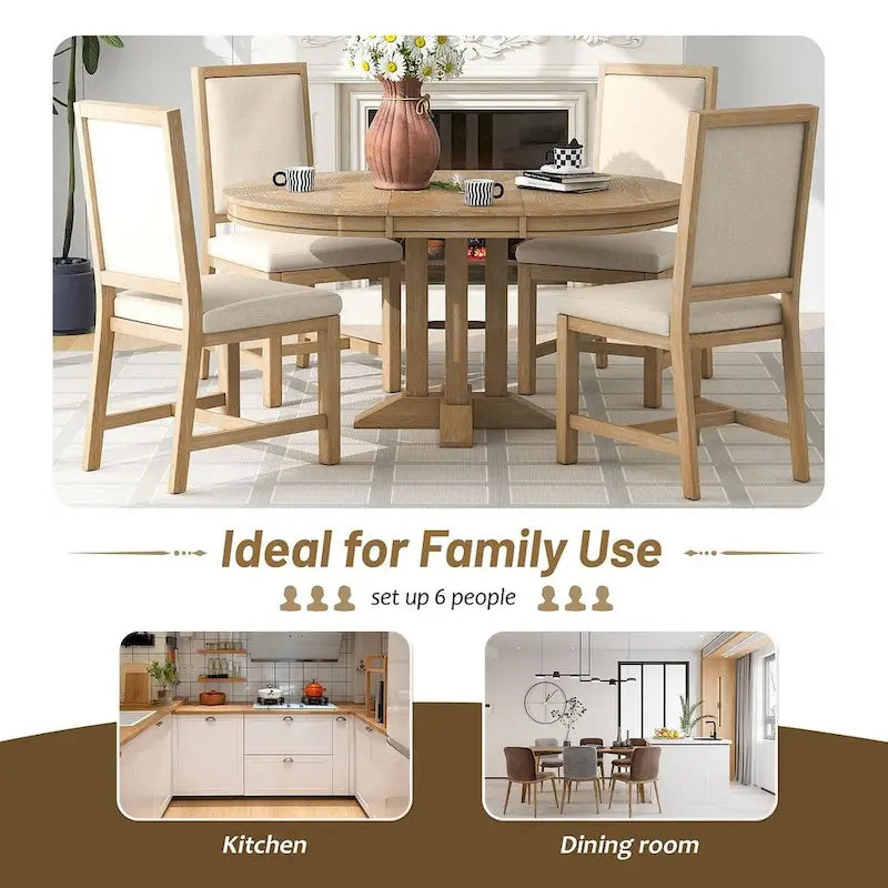 Farmhouse Retractable Round Table with 4 Upholstered Chairs