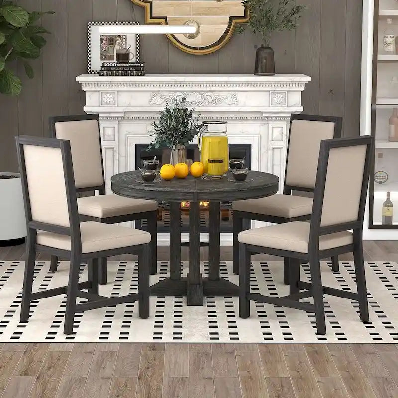Farmhouse Retractable Round Table with 4 Upholstered Chairs
