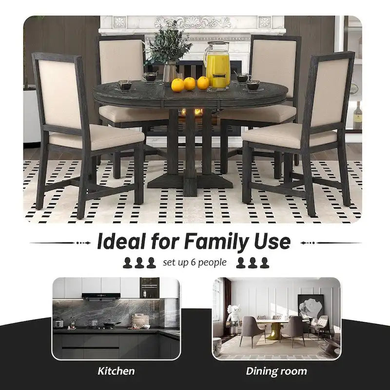 Farmhouse Retractable Round Table with 4 Upholstered Chairs