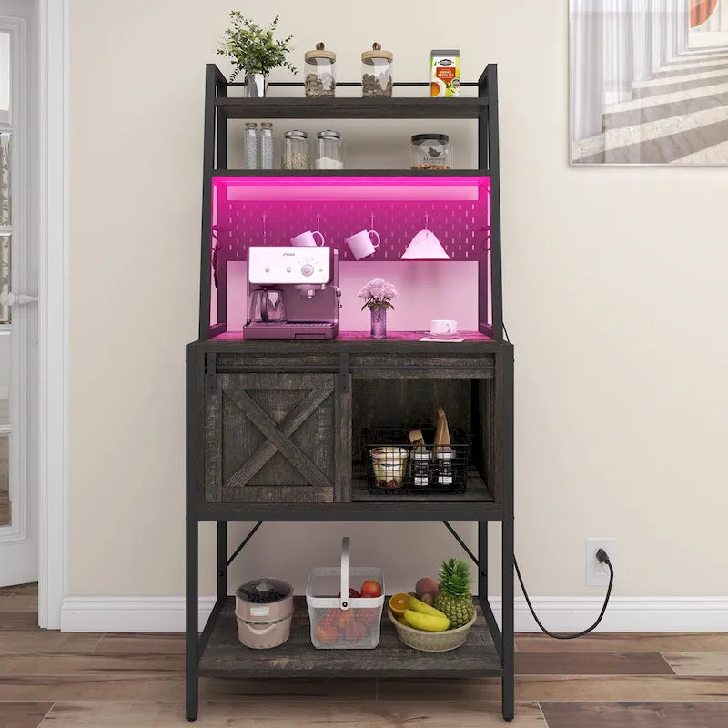 Moasis 5 Tier Kitchen LED Bakers Rack with Sliding Storage and Shelves Bar Table with Power Outlet