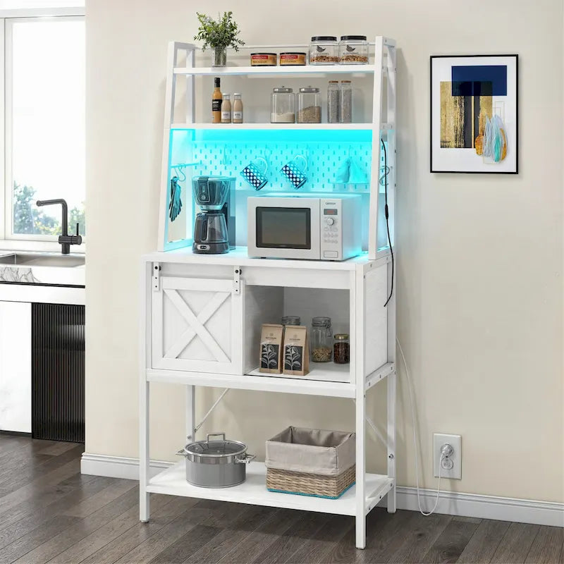Moasis 5 Tier Kitchen LED Bakers Rack with Sliding Storage and Shelves Bar Table with Power Outlet