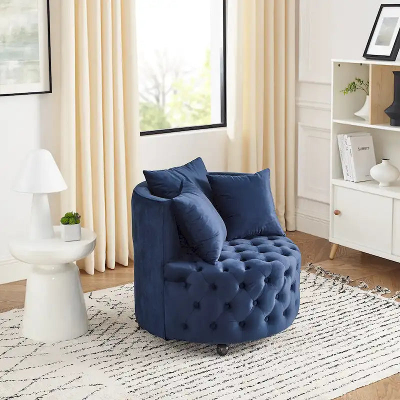 Living Room Velvet Swivel Chair with Button Tufted Design, 3 Pillows & Movable Wheels