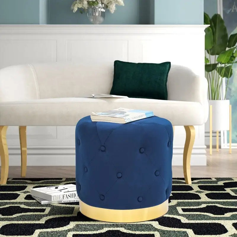 Adeco Round Velvet Ottoman Vanity Footrest Stool Gold Plating Base