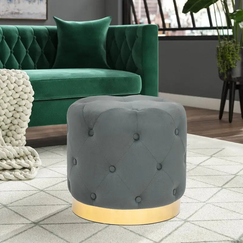 Adeco Round Velvet Ottoman Vanity Footrest Stool Gold Plating Base