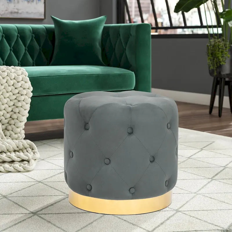 Adeco Round Velvet Ottoman Vanity Footrest Stool Gold Plating Base