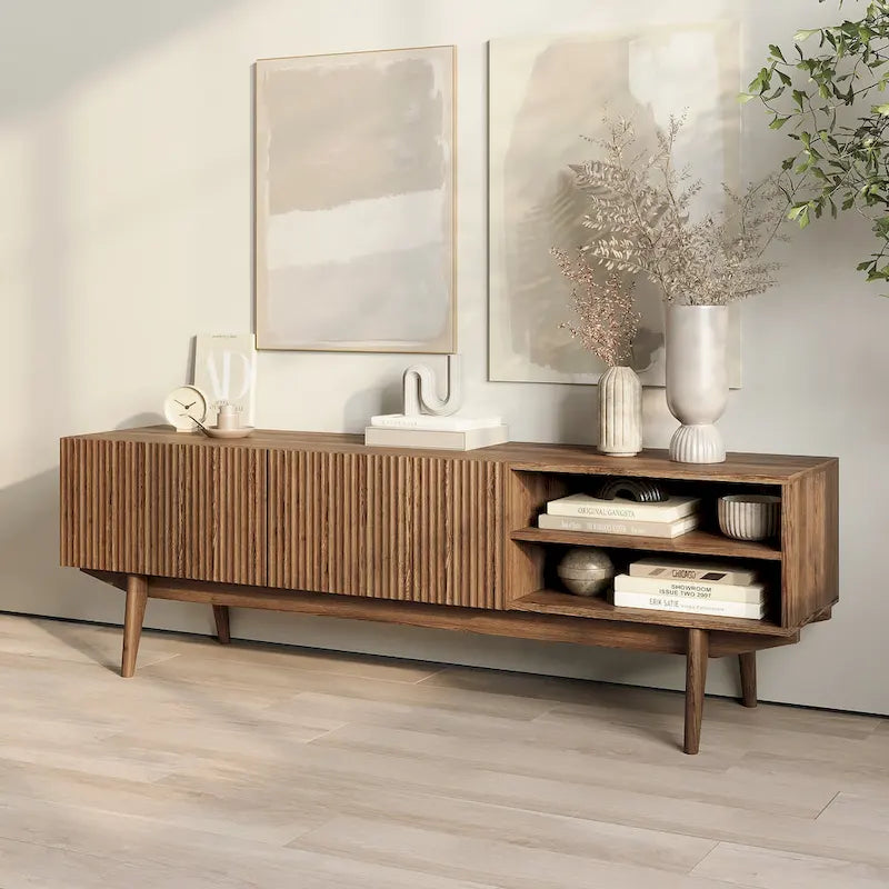 Living Skog Kelly TV Stand Console Fits TV's up to 65 in. with Wood Legs in Mid Century Modern Scandinavian Design